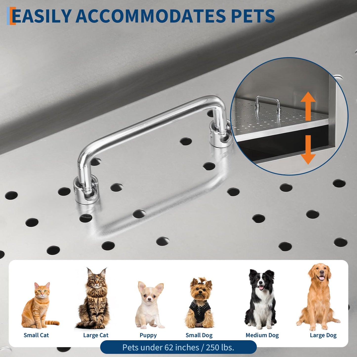 Patikuin Professional Stainless Steel Dog Grooming Bath Tub – Slide-in Ramp, Non-Slip Grate, Adjustable Height, Shower, Soap Box, Faucet – for Small, Medium & Large Breeds – Polishing Process Silver,