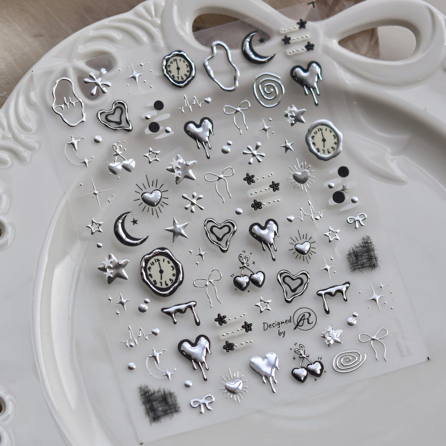 Silver Heart Nail Art Stickers 5D Embossed Clock Bow Nail Decals Valentine Day Nail Stickers for Nail Art Moon Star Nails Design Supplies for Women Girls