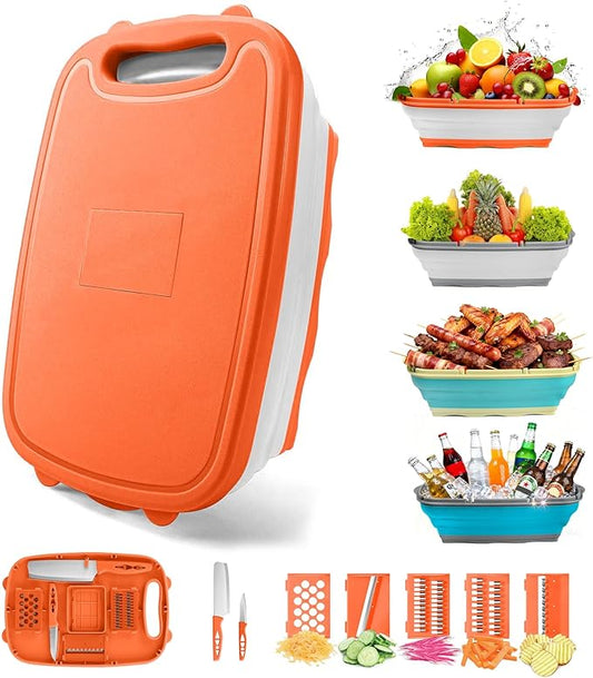 Gintan Camping Cutting Board, 9-in-1 Collapsible Chopping Board with Colander, Kitchen Vegetable Washing Basket for Camping, Camping Gifts Camping Accessories for RV Campers (orange)