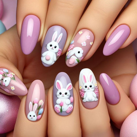 Easter Press on Nail Long Medium Fake Nails Purple Pink with Bunny Flower designs Full Cover Almond Shape Press ones Cute Glue on Nails Glossy Spring Stick on Nail for Women Manicure24pcs