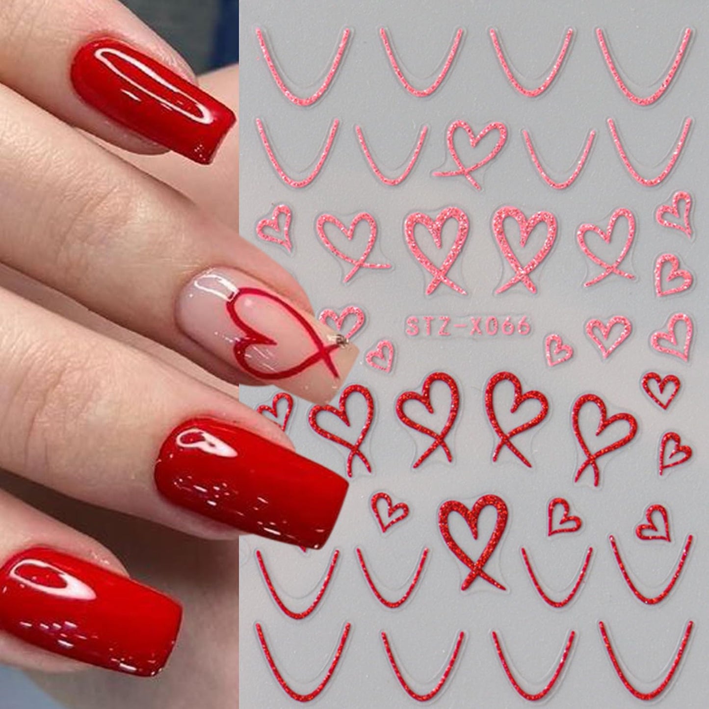 Heart Nail Stickers - Wavy Line Nail Design 3D Self-Adhesive Love Hollow Peach Heart Shaped French Sticker for Women Valentine Gift Nail Decoration