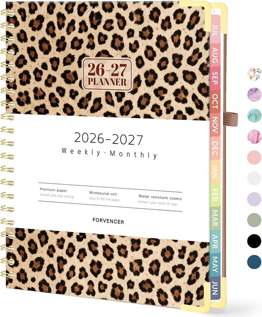 Forvencer Academic Planner 2026-2027, Hardcover Calendar Planner Weekly & Monthly, July 2026 - June 2027, 8.5" x 11", Daily Agenda with Tab, College School Organizer for Student Teacher, Leopard Print