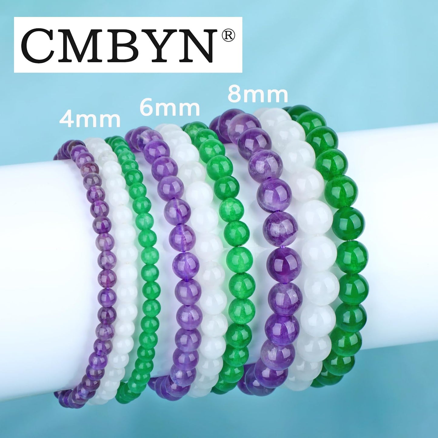 CMBYN 3-Pieces 4mm Natural Crystal Gemstone – ﻿Amethyst, Green Jade, White Jade Handmade Reiki Energy Healing Stretch Bracelets Jewelry for Yoga, Meditation, Unisex