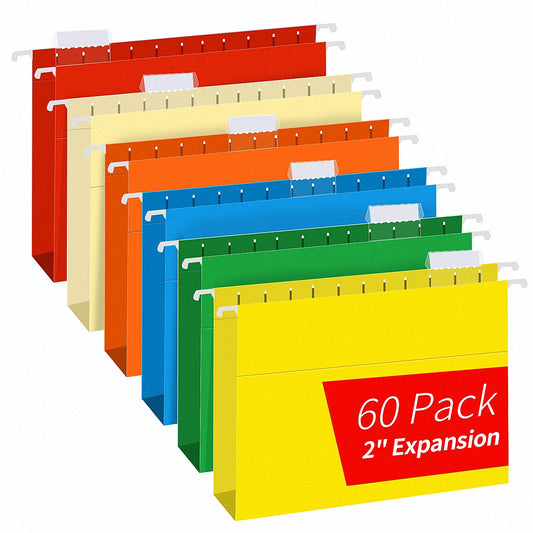 Extra Capacity Hanging File Folders, RAZCC 60 Pack Letter Size Reinforced Hanging Folders with Heavy Duty 2 Inch Expansion for Bulky Files, Filing Cabinet, Adjustable Tabs, Assorted Colors