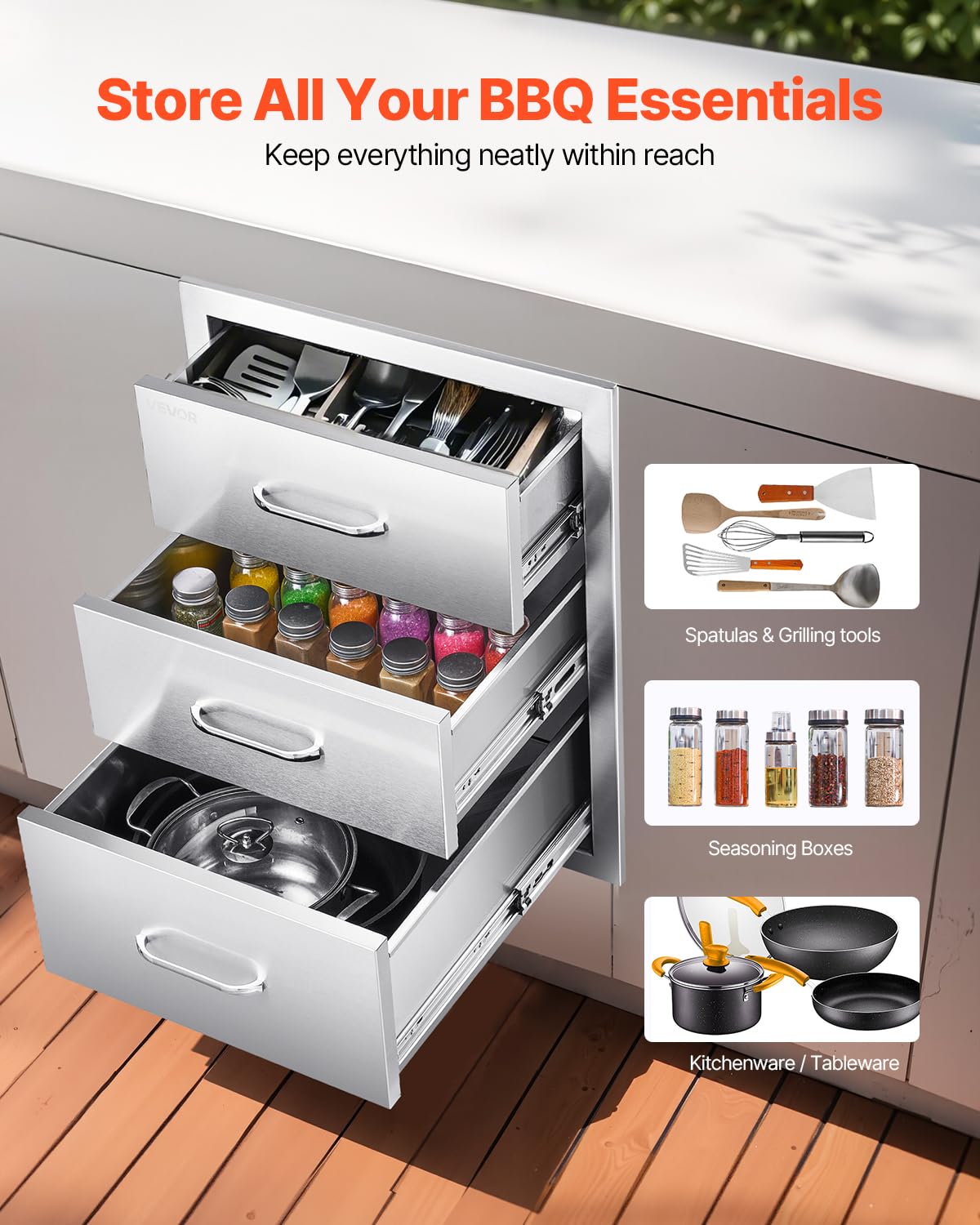VEVOR Outdoor Kitchen Drawers 18.11" W x 23.23" D x 23.23" H, Triple-Access Stainless Steel Modular Drawer Cabinet with Handles, BBQ Island Drawer for Outdoor Kitchen or BBQ Island Patio Grill Station