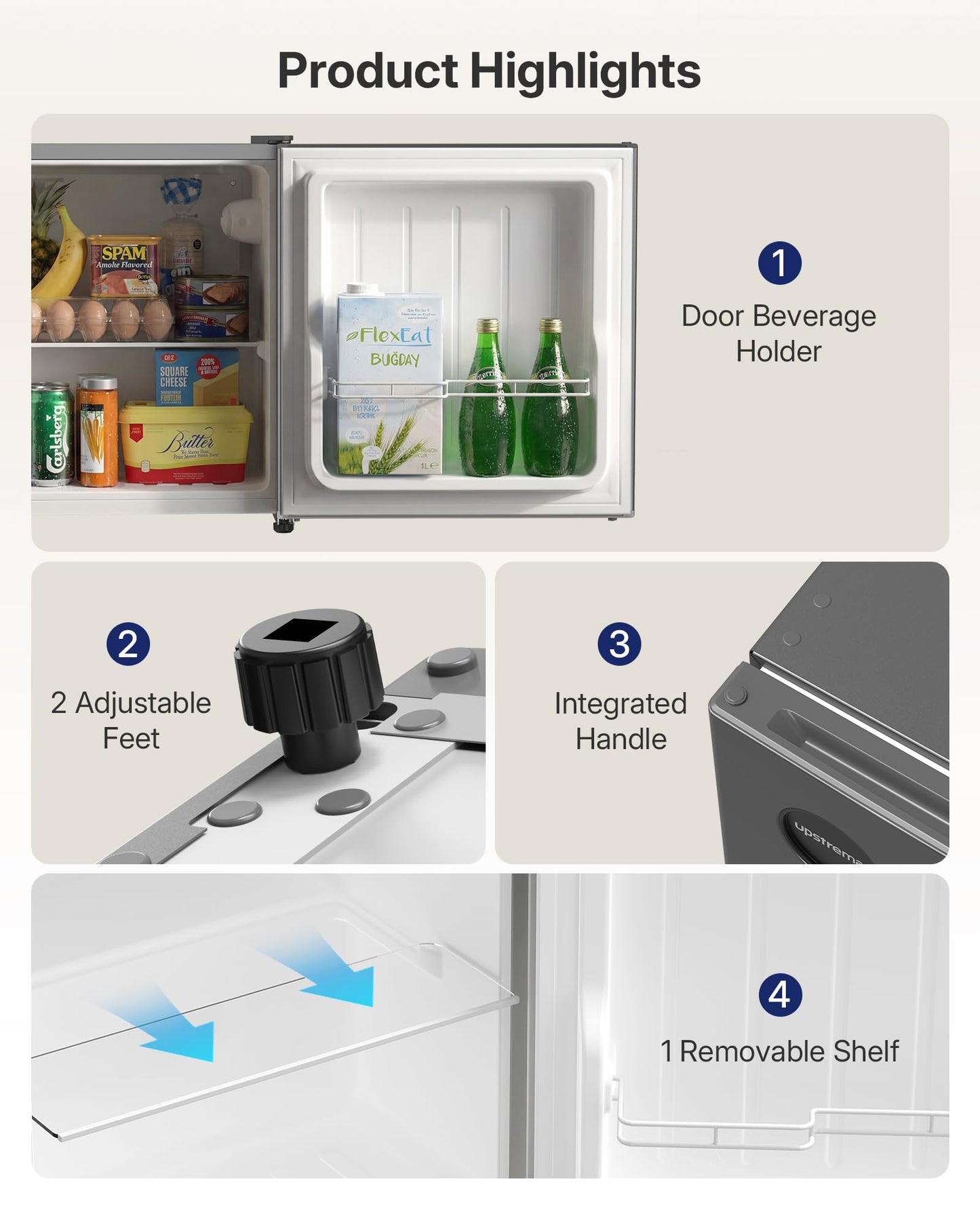 Upstreman 1.5 Cu.Ft All-Refrigerator Mini Fridge, Single Door Small Refrigerator, Dorm Fridge with 7 Adjustable Thermostat, Compact Refrigerator for Office, Bedroom or Dorm, Gray-CR16