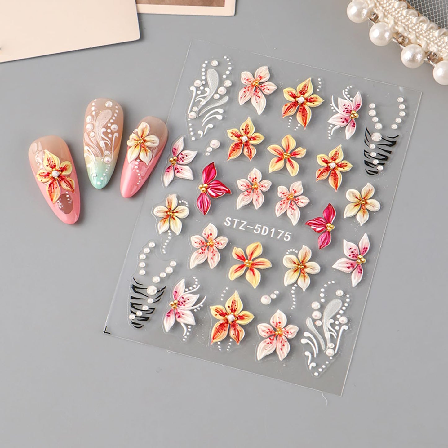 3Sheet 5D Embossed Nail Stickers Spring Nail Art Stickers Decals with Flower Pearl Gold Design Nail Stickers for Nail Art Summer Blue White Pink Flower Self-Adhesive for Women Nail Supplies
