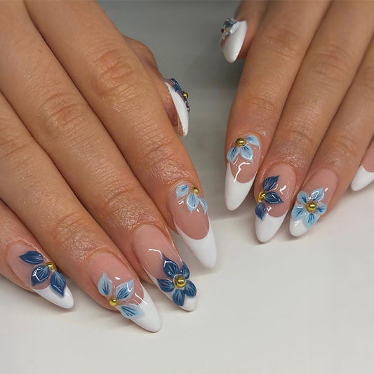 VOTACOS Almond French Tip Press on Nails Medium Blue Nude Acrylic Fake Nails Press Ons with Designs 3D Bead Flower Glue on Nail for Women 24PCS Glossy Floral Reusable Artificial Stick on False Nail