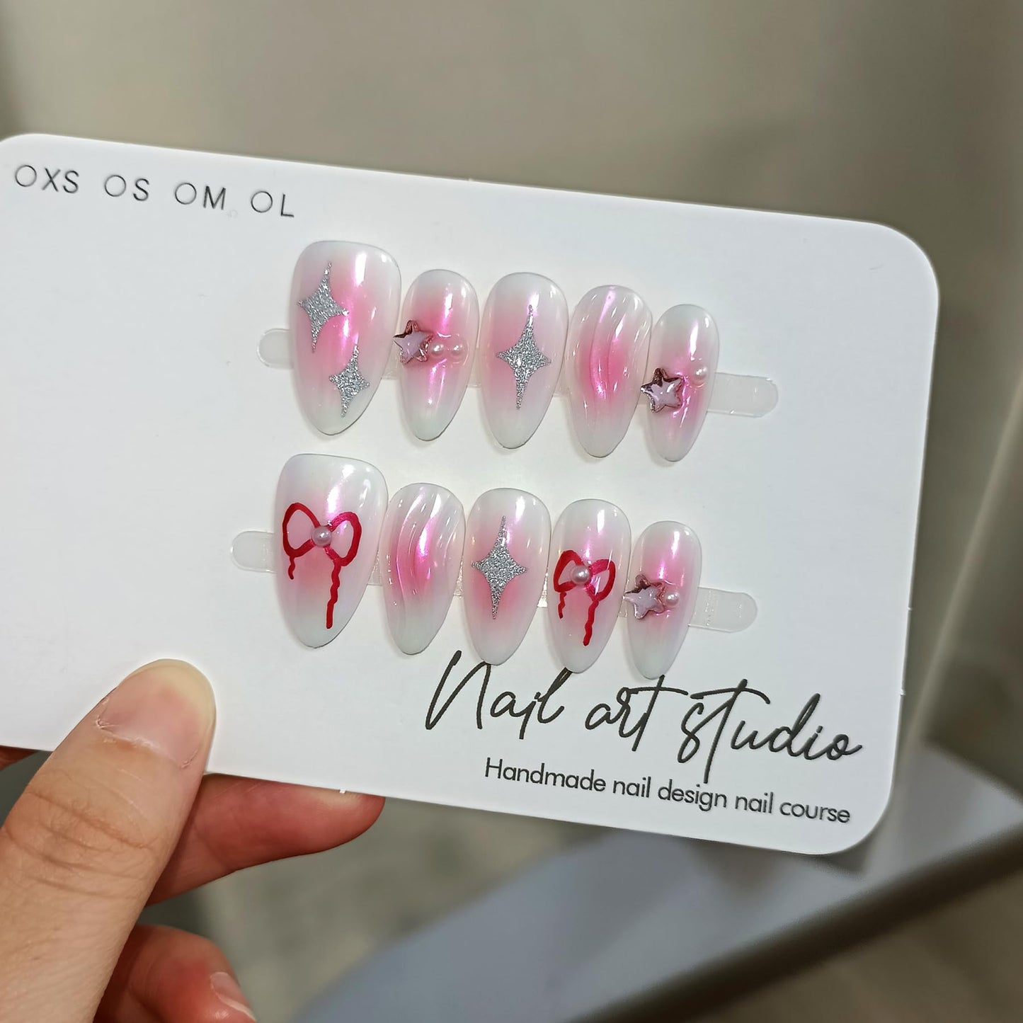 TENPAL Handmade Press On Nails Almond-Aurora Pink Acrylic Soft Gel Finished Reusable Fake Nails,Y2k Sweet Cool Glue On Nails With 3D Star Bow Charms 10pcs/Box Manicure Kit Sets (L)