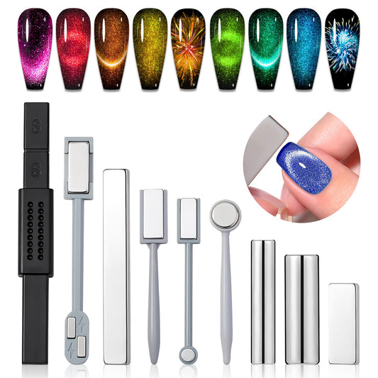 SAVILAND Cat Eye Magnet for Nails: 9PCS Cat Eye Gel Nail Polish Magnet Nail Art Tools Strong Nail Magnet Cateye Square Round Magnet Stick French Cat Eye Effect Double Ended Home DIY Salon Use