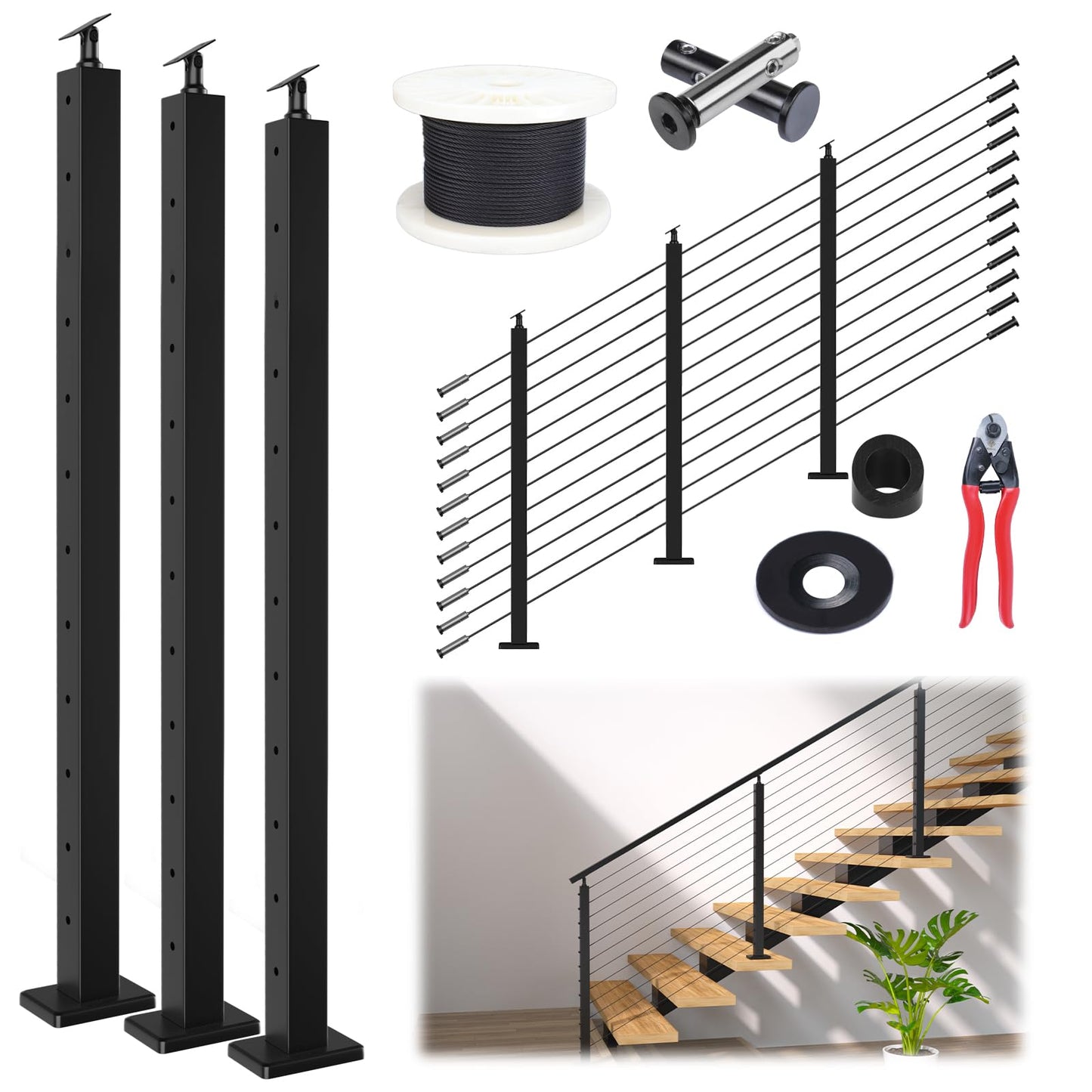 Muzata 10-15FT Modular Black Cable Railing Kit 42 Inch 3 Stair Post Kit Complete Set Cable Railing System for Stairs Length Adjustable Easy DIY with Paper User Guide (No Handrail) RWS1 BA4L