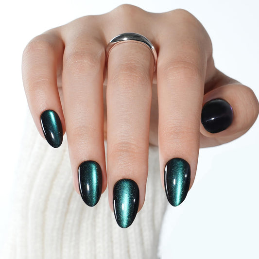 Green Cat Eye Press On Nails Almond - Short Almond Fake Nails with Nail Glue, Dark Green Cateye Press On Nails Reusable Stick On Nails in 16 Sizes 32 Nail Kit for Women & Girls | Salon Quality