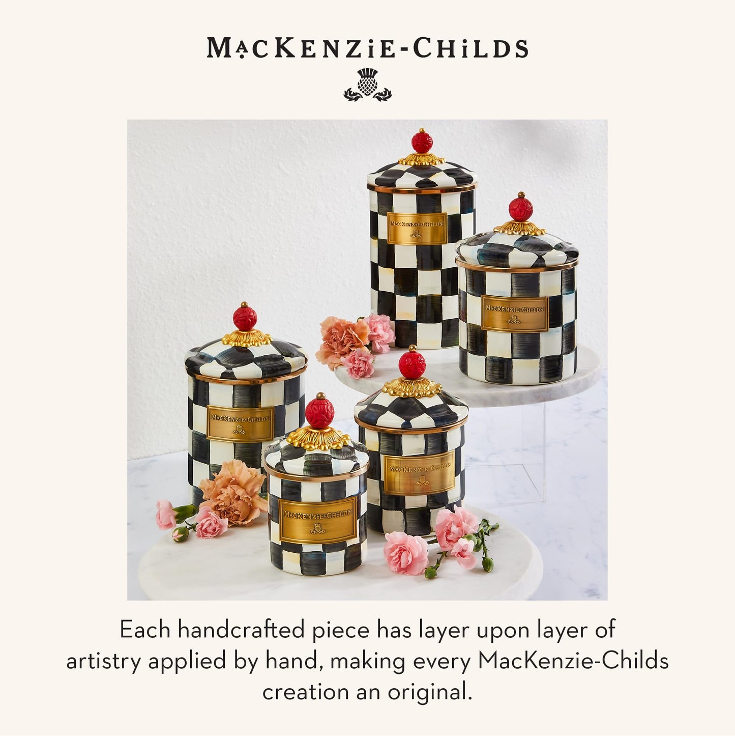MACKENZIE-CHILDS Medium Enamel Canister, Kitchen Storage Container for Flour and Sugar, 1.42 Liters, Black-and-White Courtly Check