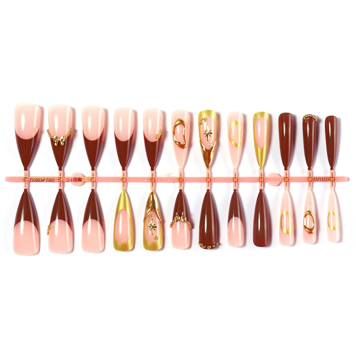 Long Press on Nails Almond Fake Nails Brown Acrylic Nail Press ons SEENEEY Long Stiletto Gold Charm Stick on Nail for Women 24pcs