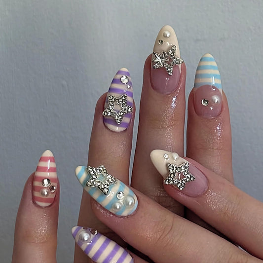 BABALAL Stripe Press on Nails - Medium Almond Fake Nails, Colorful Summer Design with Star Charm, Cute Y2K Salon Manicure Set 24PCS