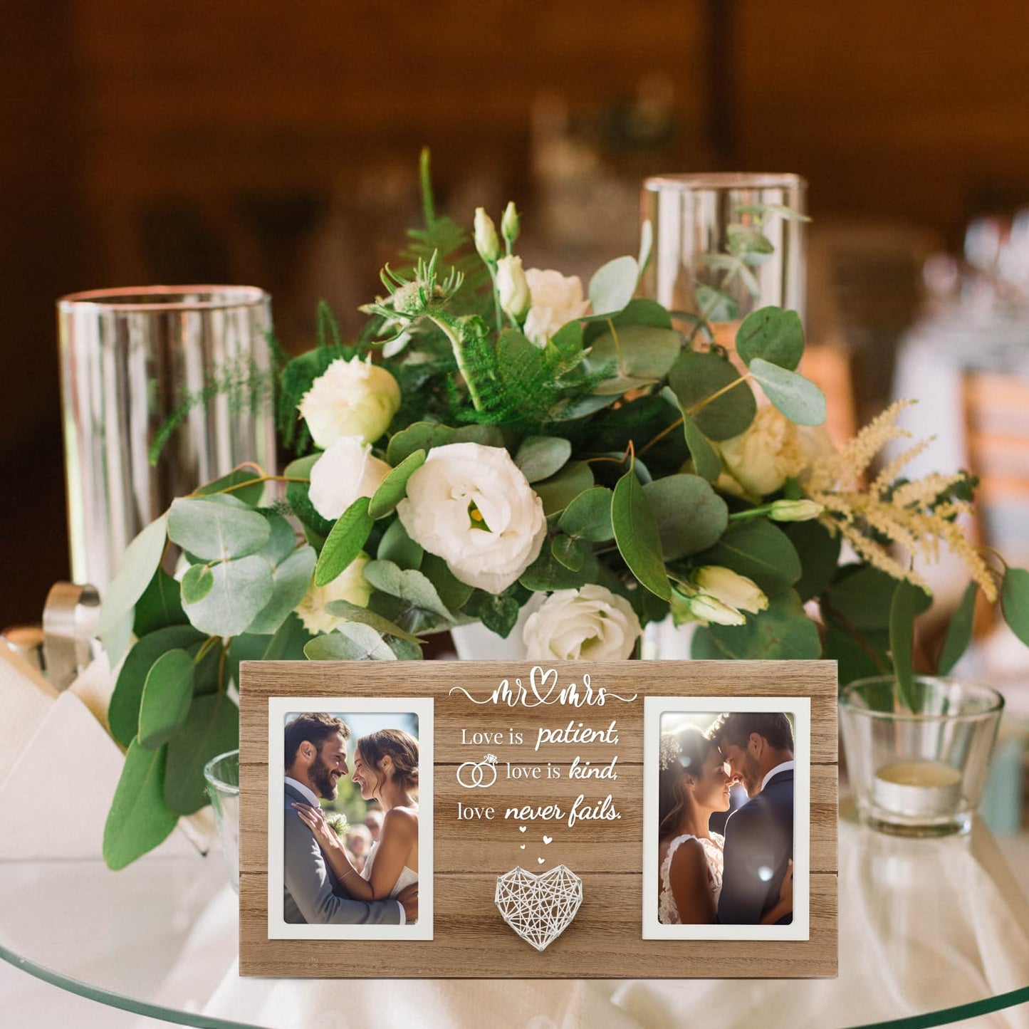 SOUHONEY Wedding Gifts for Couples 2026, Bridal Shower Gifts for Bride to Be, Wedding Picture Frame for Couple - Double 4x6 Pictures Frame - Wooden Couples Newlyweds Picture Frame with Heart Mr& Mrs