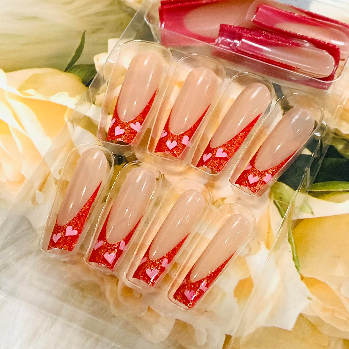 Vezocim Red French Tips Press on Nails Coffin Long 24Pcs Valentine's Day Glossy Full Cover Acrylic Square Fake Nails with Heart Designs Extra Long Coffin False Nails Glue on Fingernails for Women