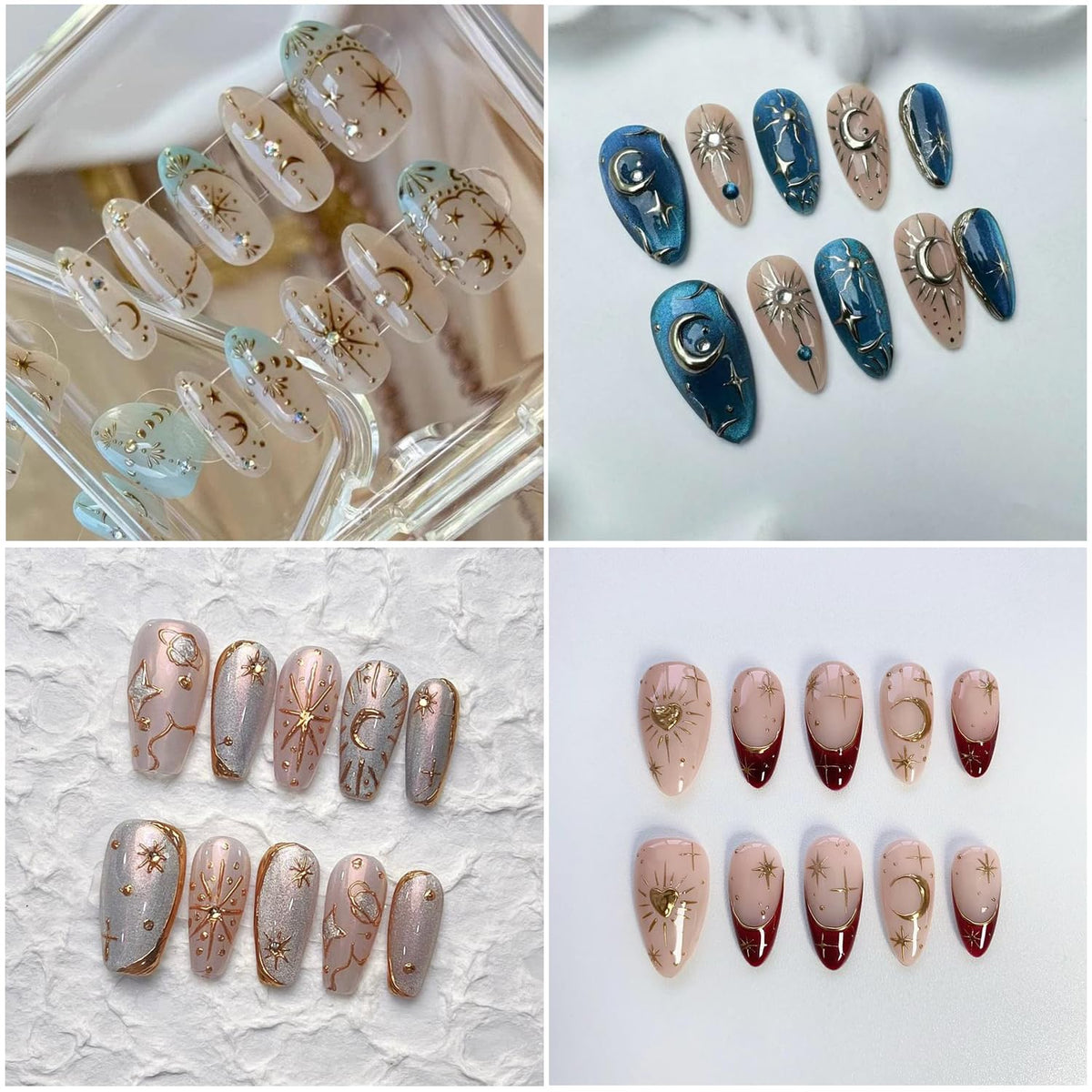 Gold Silver Nail Art Stickers Decals,4Pcs 3D Retro Sun Love Totem Star Moon Heart Designs, Stars Metallic Nail Supplies Embossed Self-Adhesive Slider Stickers for Women's DIY Manicure Decoration
