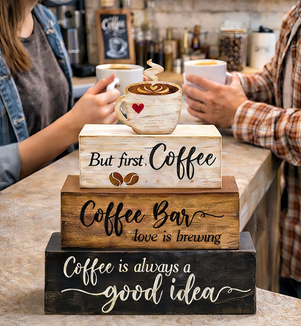 4 Pcs Wooden Coffee Bar Decorations Rustic Coffee Bar Signs for Tiered Tray Farmhouse Coffee Station Table Centerpiece Wood Bar Sign Gift Set Farmhouse Decor for Home Kitchen Tabletop