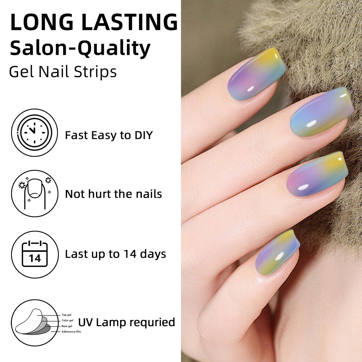 DUKASOU Semi Cured Gel Nail Strips,28 Pcs Gel Nail Stickers/Wraps(Colorful Aurora),Long Lasting Polish Stickers UV Cure,Works with UV Lamp,Easy to Apply