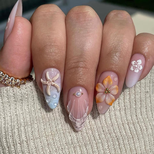 Summer Press On Nails Flower Fake Nails Press Ons Drip False Nails With 3D Starfish Pearl Design French Glue On Nails Glossy Reusable Acrylic Stick On Nails For Women Nail Decorations