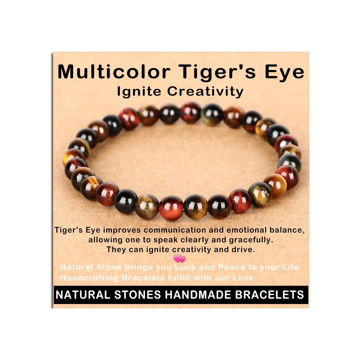 AD Beads Handmade Gemstone Stretch Elastic Bracelet Crystal Healing Reiki Nature's Beauty and Spiritual Essence Unisex (6mm, Multicolor Tiger's Eye (Ignite Creativity))