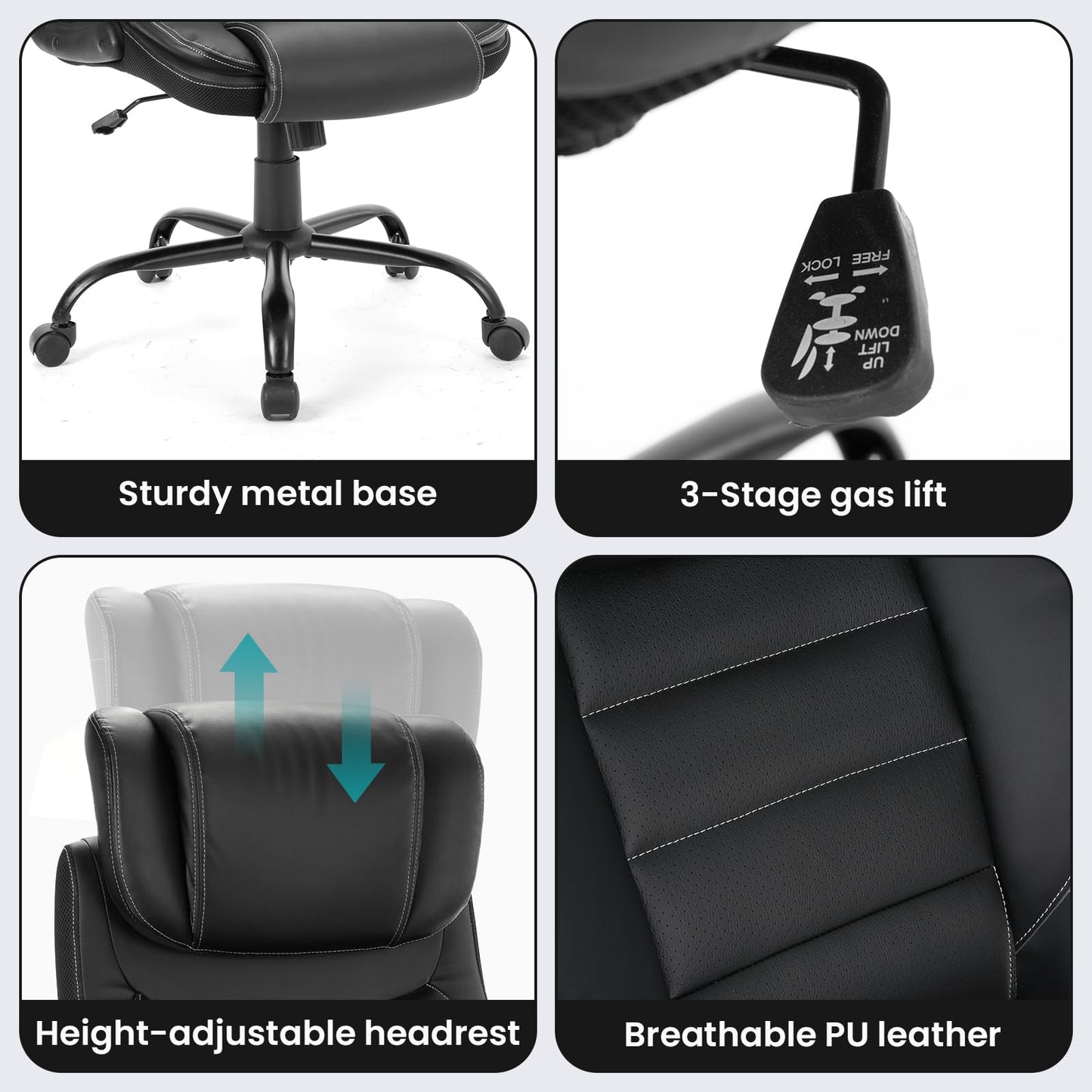 Big and Tall Executive Office Chair 400lbs for Heavy People, Ergonomic Computer Desk Chair with Lumbar Support & Adjustable Headrest, Comfy High Back Leather Office Chairs for Back Pain Relief, Black