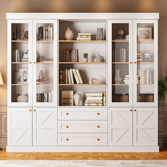 Vyre 71" Tall Farmhouse Kitchen Pantry, Large Storage Cabinets with Glass Doors, Freestanding Wood Hutch Cabinet with 3 Drawers, Adjustable Shelves for Living Room, Dining Room, Set of 3