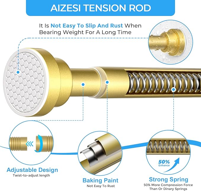 AIZESI Shower Curtain Rod 30 to 64 Inch Adjustable, 7/8" Diameter Gold Spring Loaded Curtain Rods No Drilling Tension Curtain Rods for Window, Bathroom, Doorway, Closet, Kitchen