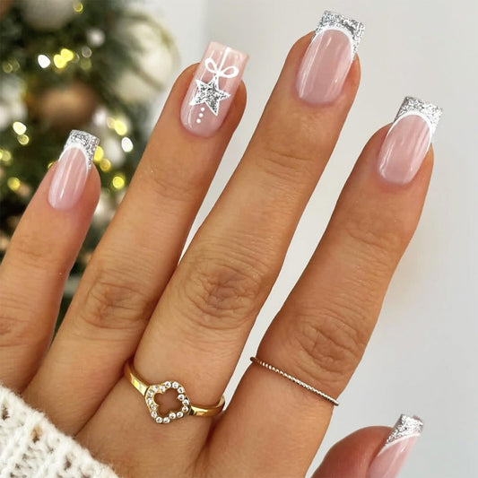 Christmas Medium Square False Nails 24Pcs Sparkly Stars Press on Nails French Tips Gel Glue on Nail New Year Stick on Fingernails Glossy Silver Glitter Acrylic Fake Nail for Women Xmas Gift