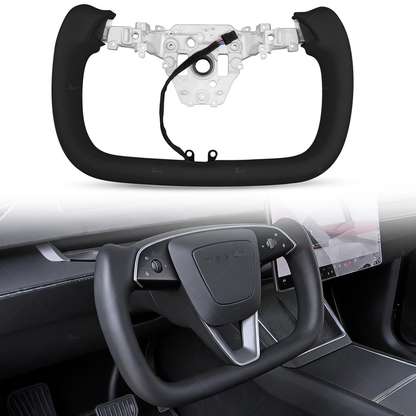 Model Y Juniper Yoke Steering Wheel, Black Nappa Leather Steering Wheel for Tesla Model Y Juniper 2026 Accessories With Heating Function No Front Trim (Black Nappa, Matte Carbon Fiber)