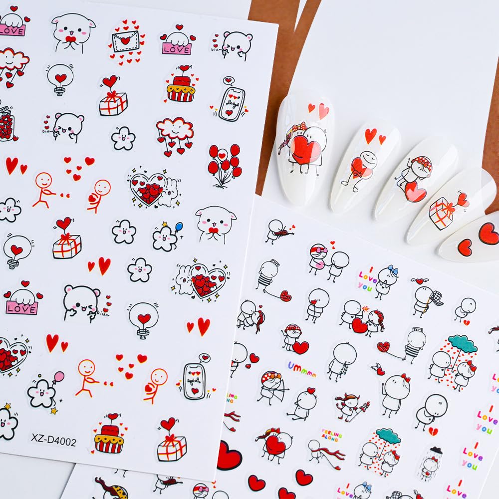 6 Sheets Valentine's Day Nail Stickers for Nail Art, 3D Self-Adhesive Rose Heart Nail Decals, Kiss Flower Love u Nail Supplies Nail Art Design Accessories for Women and Girls Manicure DIY Decoration