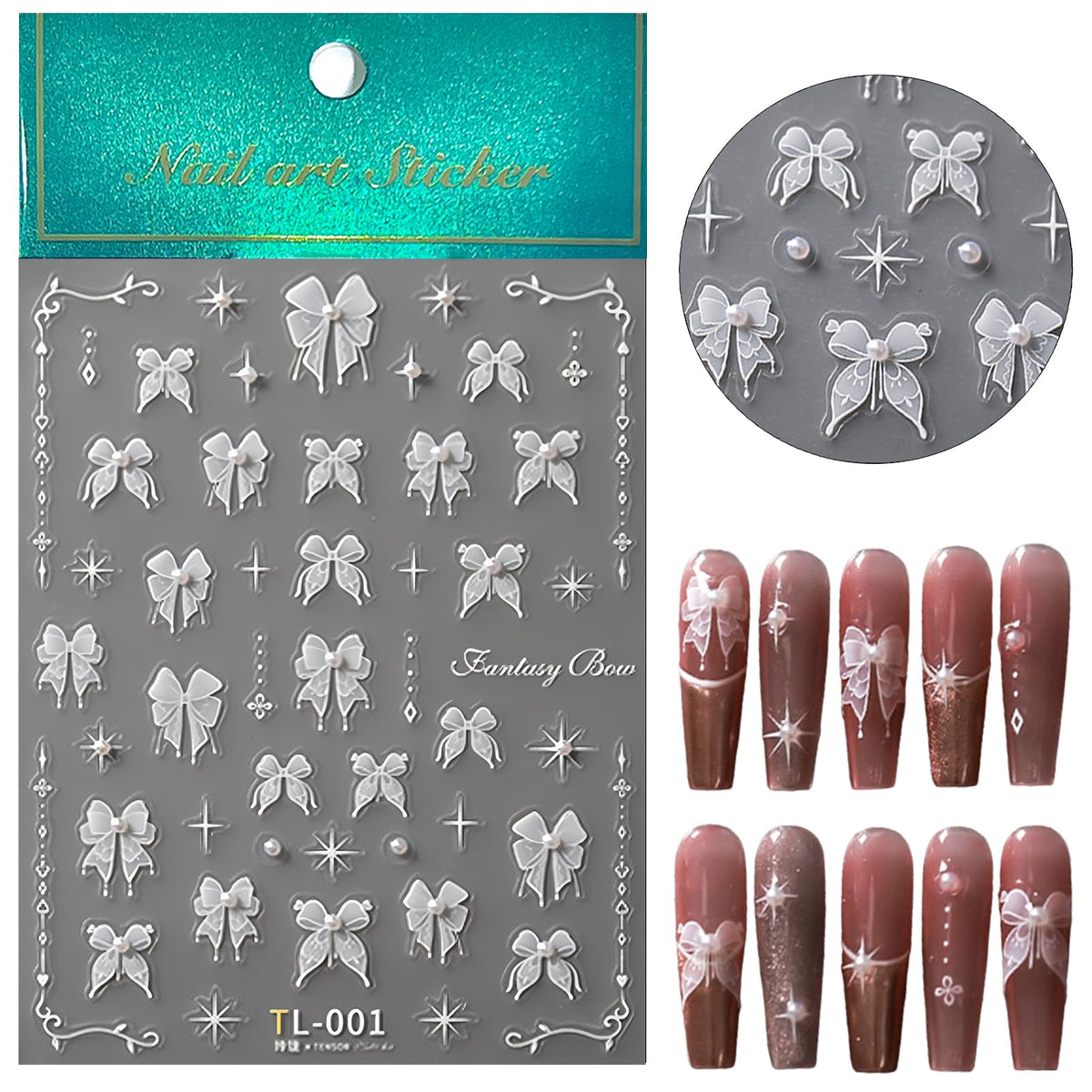 1 Sheet Lace Pearl Bow Nail Art Sticker 5D Embossed White Lace Pearl Bow Nail Sticker Cute Bow Nail Decal Pearl Rhinestone Nail Design Women DIY Nail Art Decoration