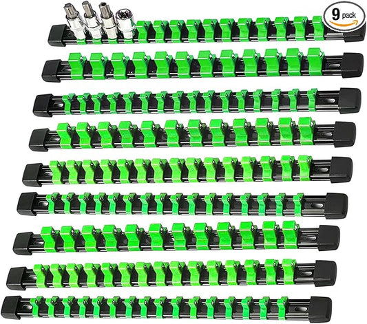 AMM 9-Piece Socket Organizer, 1/2 inch, 3/8 inch and 1/4 inch Drive ABS Tools-Green Socket Holder,Heavy Duty Socket Racks, Premium Quality Socket Clip Rail Holder,The Best Tool Trays in The Garage