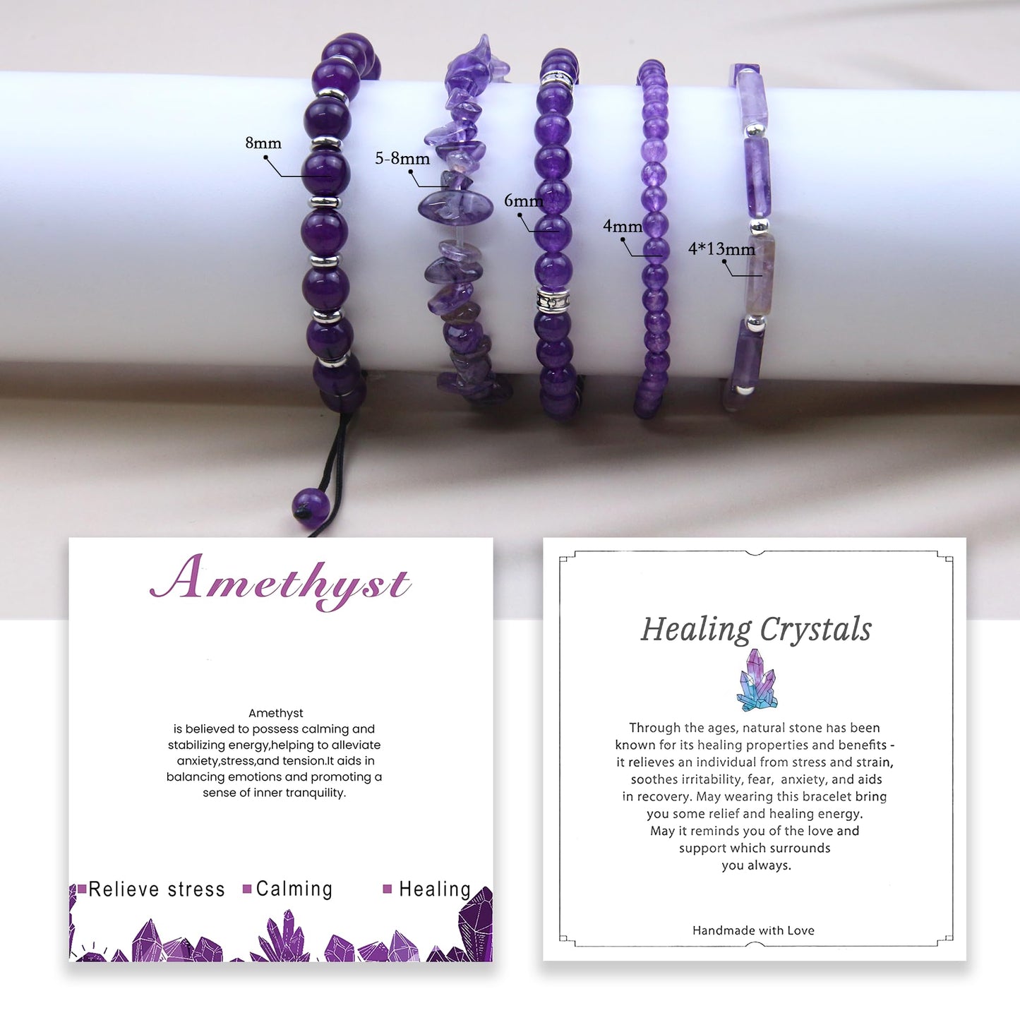 OXUNGALIZ 5Pcs Amethyst Bracelet for Women, Handmade Adjustable Purple Bracelet Amethyst Beads Beaded Bracelet Set Jewelry Gifts for Women