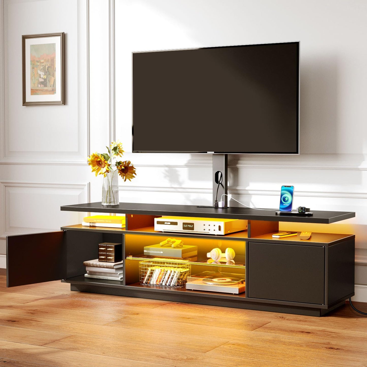 Rolanstar TV Stand with Mount and Power Outlet 59.1", Swivel TV Stand Mount for 32/45/55/60/65/70 inch TVs, Height Adjustable Modern Entertainment Center with Storage & LED Lights, Black TV Table