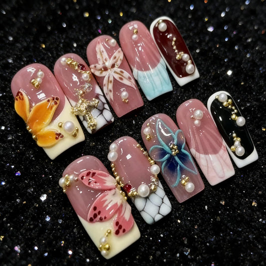 Floral Handmade Medium Square Press on Nails Nude Base Colorful 3D Floral Accents Pearl Chain Details Glossy Finish Reusable Spring Nails Easy Apply Party Durable Trendy Women Girls Nail Art 24 Pcs（S）