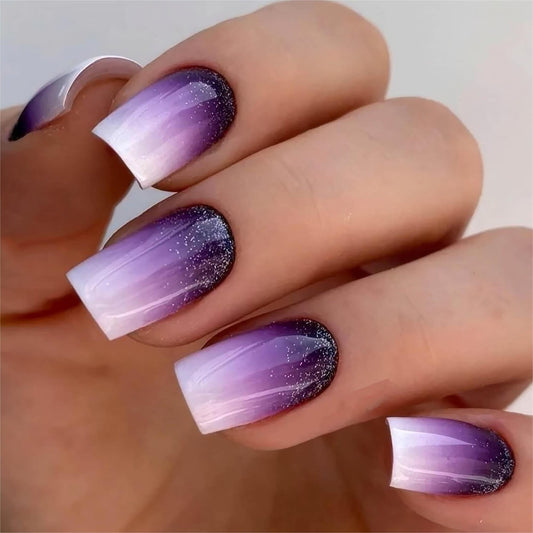 Square Press on Nails Short Fake Nails Purple French Tip False Nails Ombre Glue on Nail with Glitter Designs Nails Press ons Acrylic Glossy Stick on Nail for Women and Girls 24Pcs