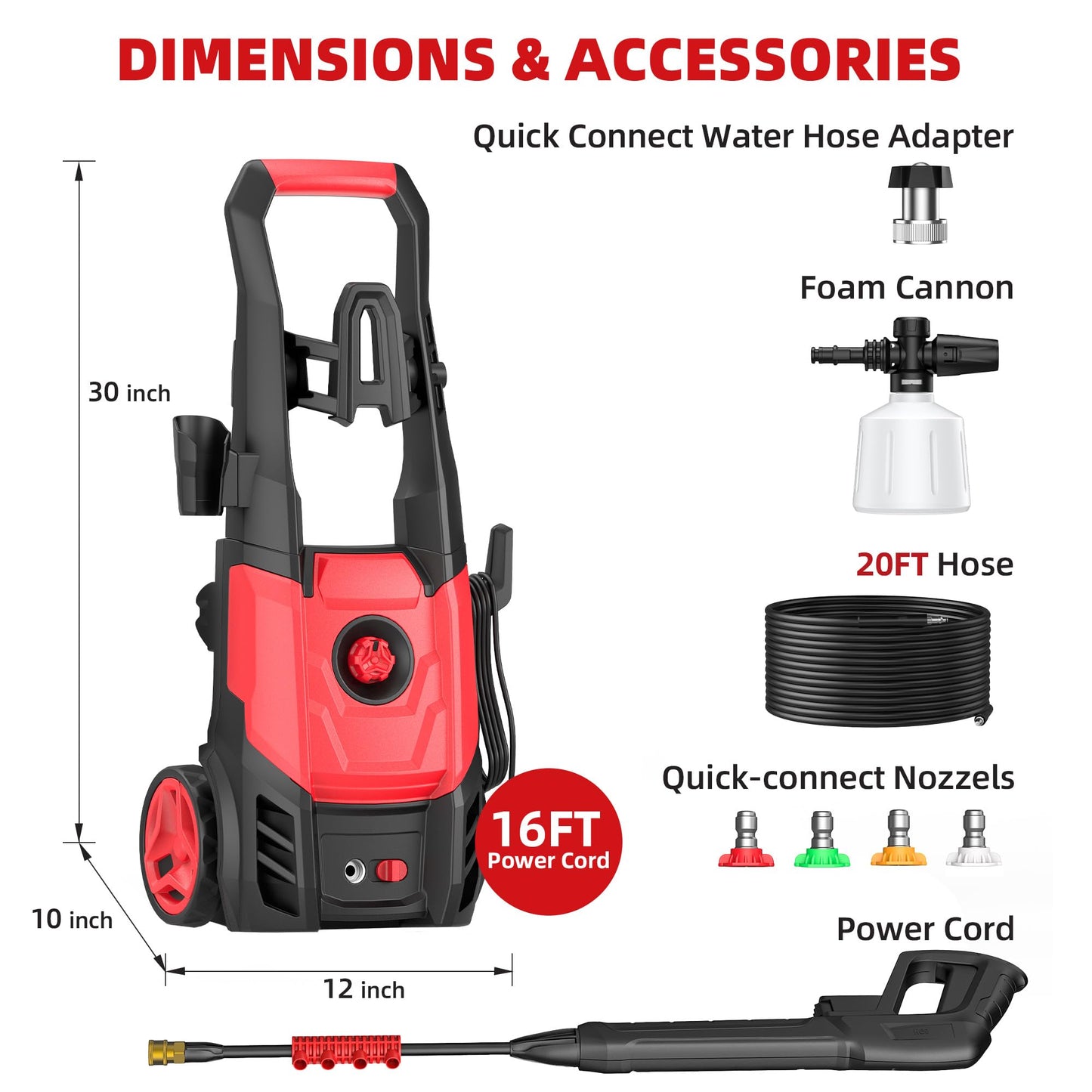 Paporia Electric Pressure Washer, 2.5 Max GPM Electric Power Washer with Foam Cannon, Powerwasher with 4 Nozzles, High Pressure Washer for Cars, Driveways, Patios, Decks
