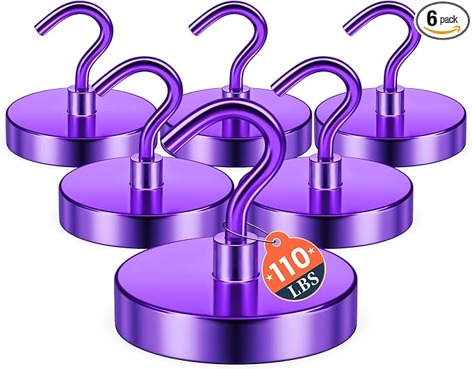 FINDMAG Magnetic Hooks for Cruise Cabins, 110lbs Magnetic Hooks for Classroom, Fridge Magnets, Strong Magnets Heavy Duty for Classroom Decor, Locker Organizer, Camping Essentials, 6 Pack, Purple