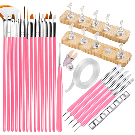 ESUOHYM Nail Stand For Press On With Nail Art Brushes Nail Holder For Painting Practice Display Presson Nails Nail Art tools Set with Nail Dotting 3D Sculpting tools, Practice Kit Tech