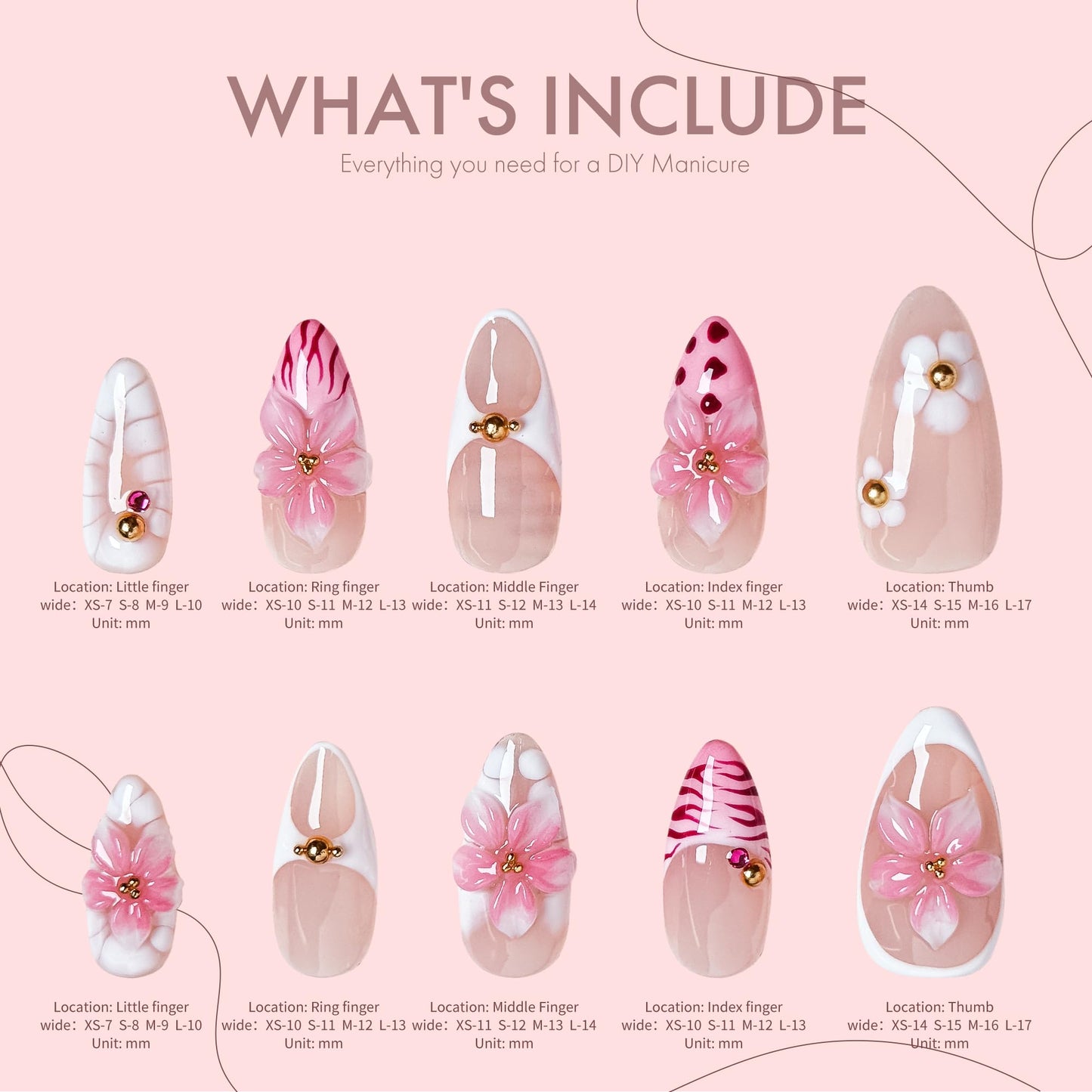 10PCS Pink Floral Press-On Nails - 3D Romantic Spring Blossom Nails, Nude & Pink Girly Elegant Pastel Flower Acrylic UV Gel Fake Nails for Women (Pink, XS)