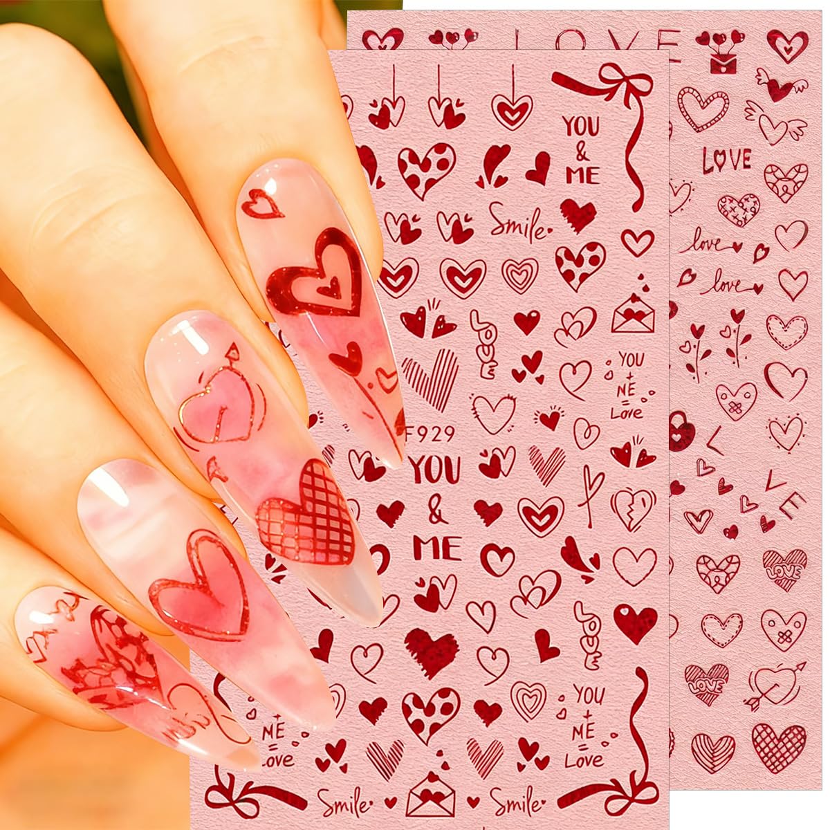 4 Sheets Valentines Nail Art Stickers Romantic Love Heart Nail Decals Glitter Laser Red Design Nail Stickers 3D Self-Adhesive Valentine's Holiday Nail Art Supplies for Women DIY Manicure Decoration