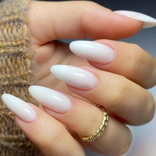 GLAMERMAID Press on Nails Medium Almond, White Ombre Gel False Nails, Glossy Short Stiletto Nude Glue on Nails Kit for Women, Reusable Short Oval Stick on Acrylic UV Finish Fake Nails Manicure Set