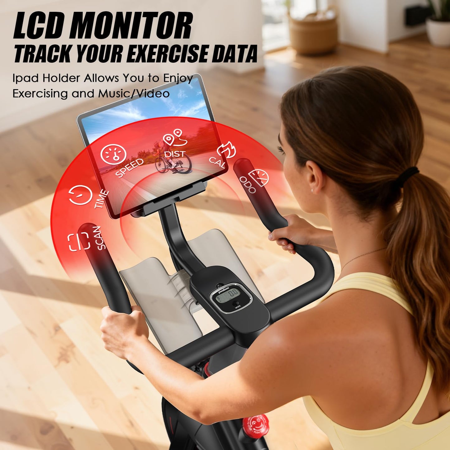 pooboo Exercise Bike, Adjustable Magnetic Resistance Stationary Bikes for Home with App Compatible, Quiet Indoor stationary bikes with 350lbs Weight Capacity Comfortable Seat,Tablet Mount and Fitness Courses for Weight Loss