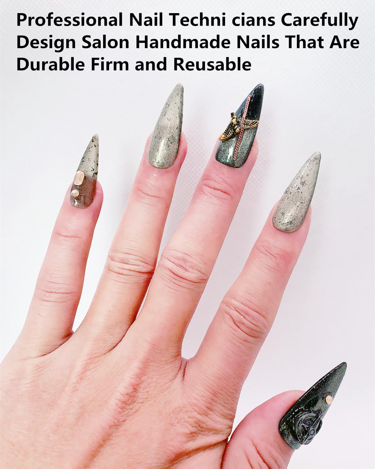 CAMILCY Press on Nails Handmade Nails Luxury Reusable Fake Nails For Girls long Almond Armor Tip Grey Diamonds HandPainted Salon Loveful Design Acrylic GelUV Finished 3D Nails 10PCS(A001, M)