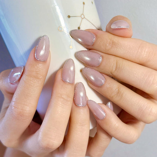 Short Almond Pink Cat Eye Fake Nails, with Glitter Line French,Handmade Press on Nails, with Glue Tabs - 10Pcs Nail Kit for Women and Girls,Stylish Design with Suitable for Wedding Party.﻿