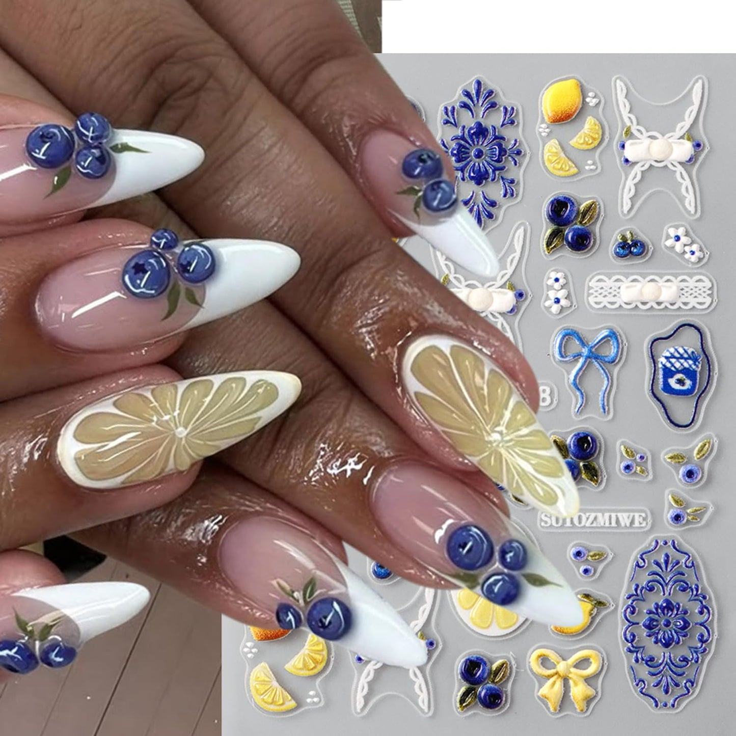 5D Embossed Flower Nail Art Stickers, 5 Sheets Self-Adhesive 3D Floral Nail Decals with Floral, Starfish, Bow & Lemon Designs Cute Summer Nail Art Supplies Sticker for DIY Manicure Decoration