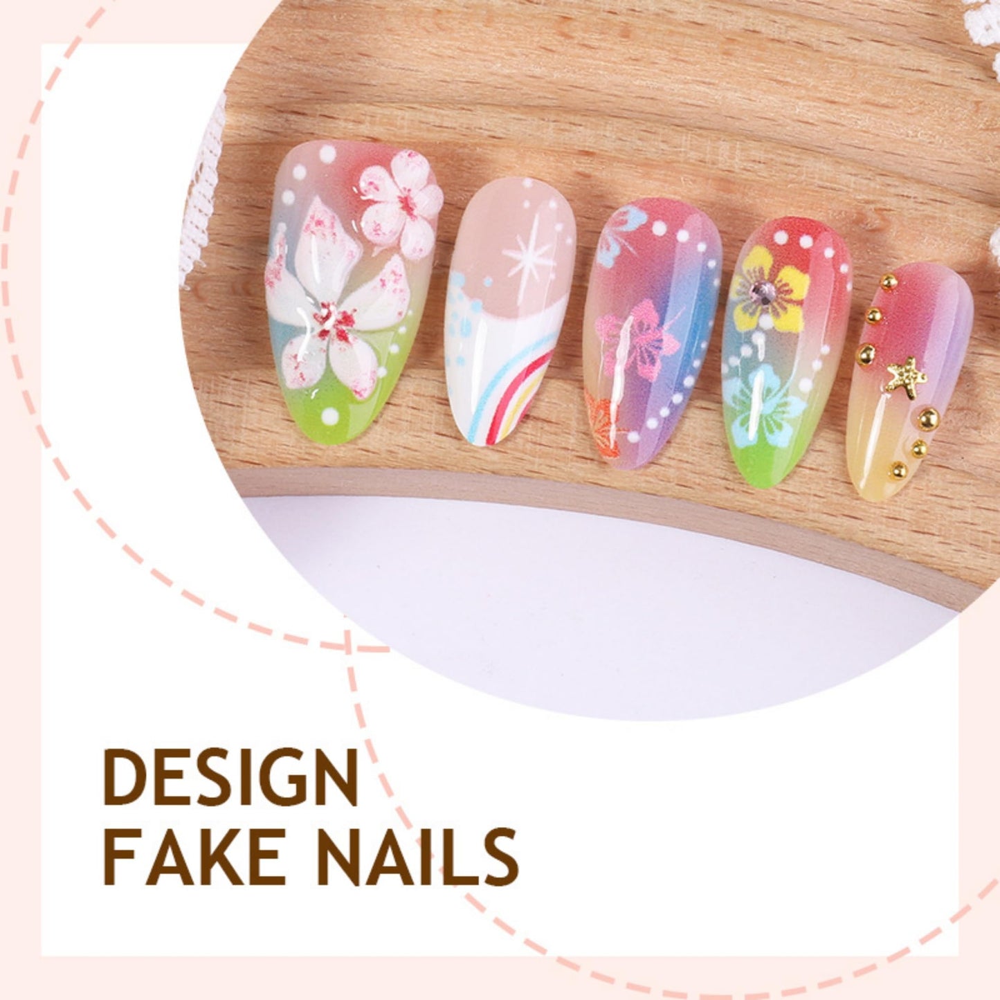 octoswave Long Almond Press on Nails with 3D Flowers, Rainbow & Dolphin Design Vibrant Acrylic Fake Nails for Women, Ideal for Parties, Vacations, Weddings 30Pcs