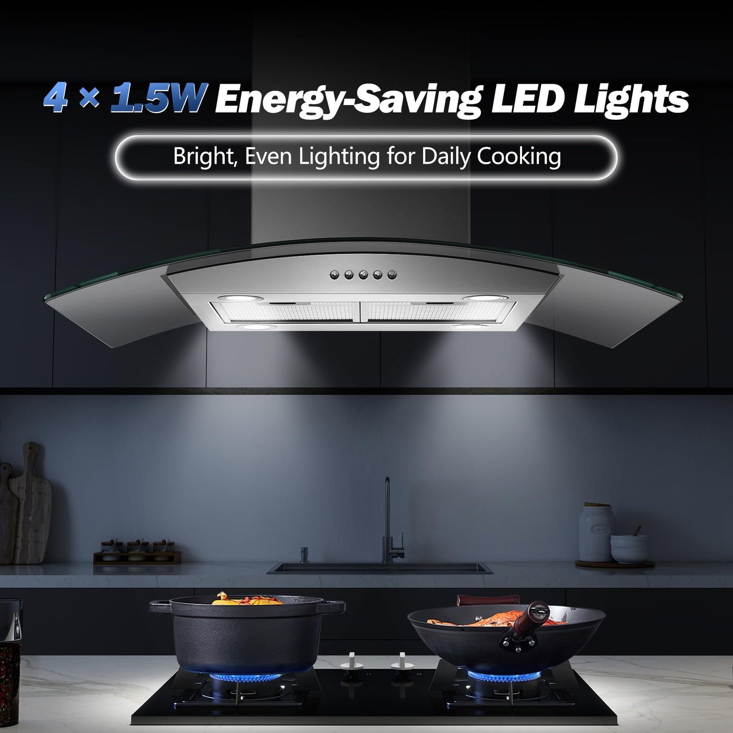 Tieasy 36 inch Island Range Hood 700 CFM Ceiling Mount Hood Stainless Steel Stove Vent Hood with Tempered Glass, Push Button Controls, Mesh Filters